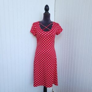 Scarlett Red White Polka Dot Strappy Neck Cap Sleeve Dress Stretch Jersey S
